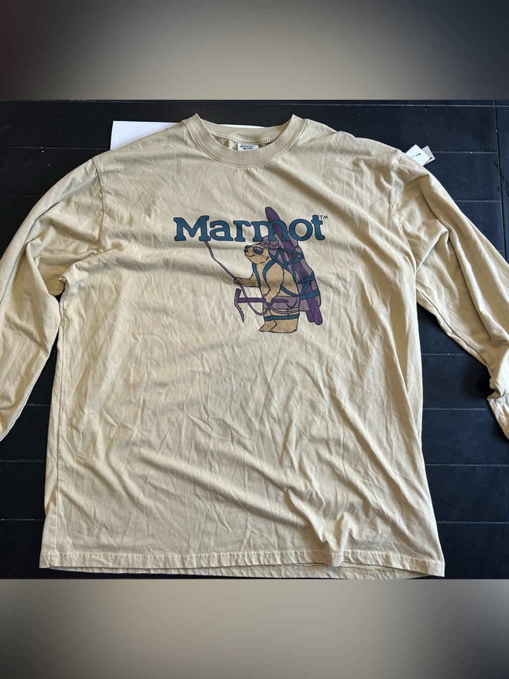 Marmot Tan Crewneck Graphic Tee with Surfing Bear Print